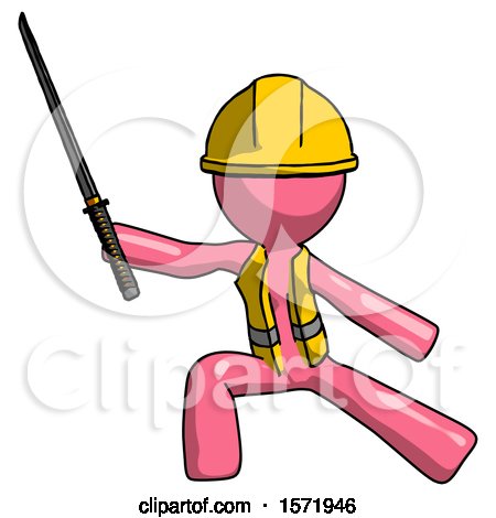 Pink Construction Worker Contractor Man with Ninja Sword Katana in Defense Pose by Leo Blanchette