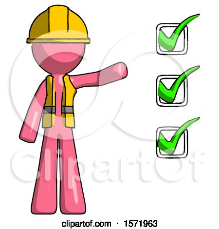 Pink Construction Worker Contractor Man Standing by List of Checkmarks by Leo Blanchette