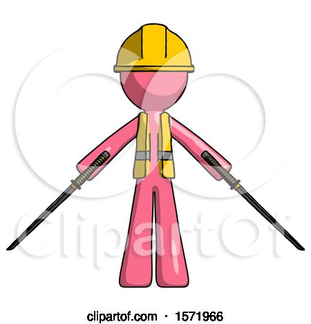 Pink Construction Worker Contractor Man Posing with Two Ninja Sword Katanas by Leo Blanchette