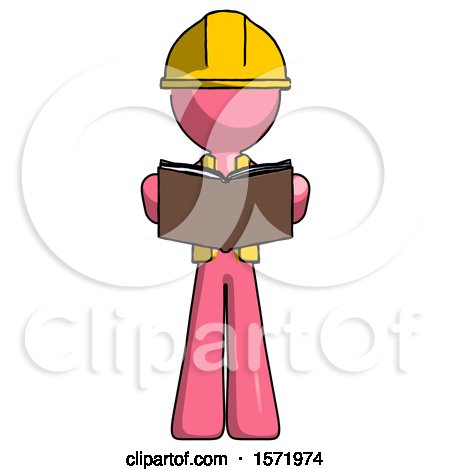 Pink Construction Worker Contractor Man Reading Book While Standing up Facing Viewer by Leo Blanchette