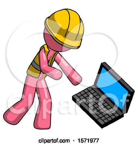 Pink Construction Worker Contractor Man Throwing Laptop Computer in Frustration by Leo Blanchette