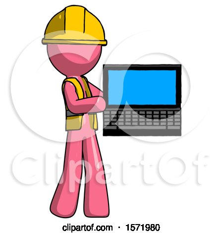 Pink Construction Worker Contractor Man Holding Laptop Computer Presenting Something on Screen by Leo Blanchette