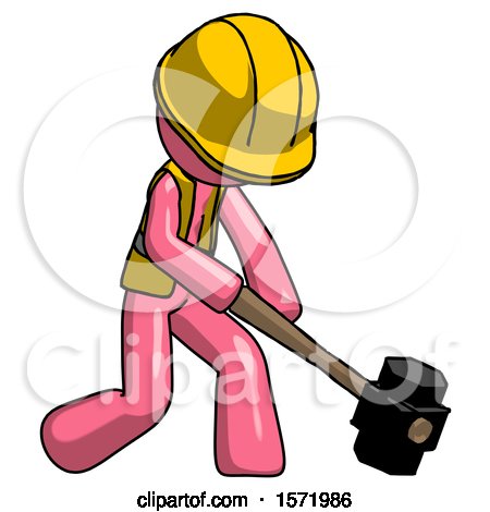 Pink Construction Worker Contractor Man Hitting with Sledgehammer, or Smashing Something at Angle by Leo Blanchette