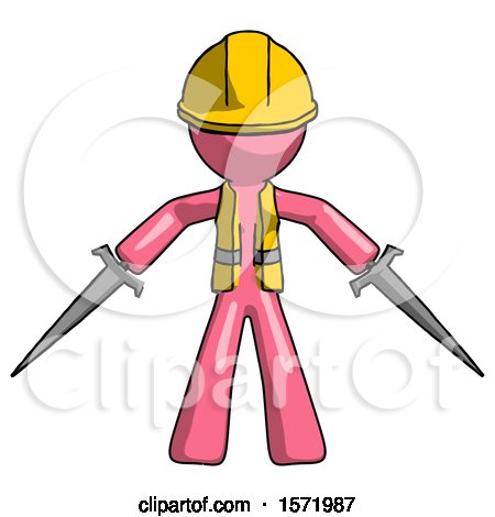 Pink Construction Worker Contractor Man Two Sword Defense Pose by Leo Blanchette