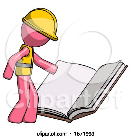 Pink Construction Worker Contractor Man Reading Big Book While Standing Beside It by Leo Blanchette