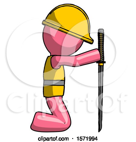 Pink Construction Worker Contractor Man Kneeling with Ninja Sword Katana Showing Respect by Leo Blanchette