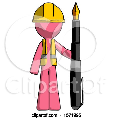 Pink Construction Worker Contractor Man Holding Giant Calligraphy Pen by Leo Blanchette
