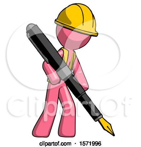 Pink Construction Worker Contractor Man Drawing or Writing with Large Calligraphy Pen by Leo Blanchette