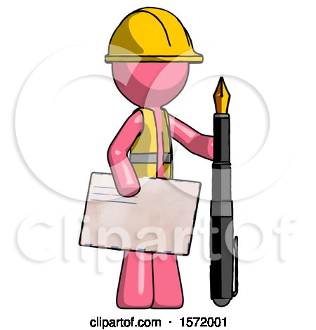 Pink Construction Worker Contractor Man Holding Large Envelope and Calligraphy Pen by Leo Blanchette