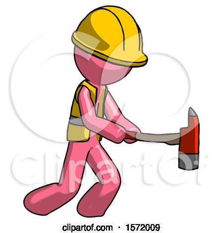 Pink Construction Worker Contractor Man with Ax Hitting, Striking, or Chopping by Leo Blanchette