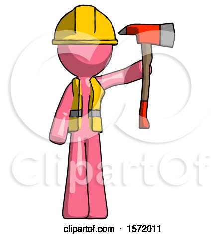 Pink Construction Worker Contractor Man Holding up Red Firefighter's Ax by Leo Blanchette