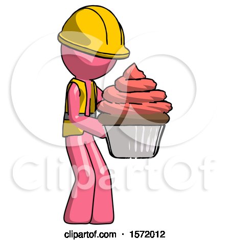Pink Construction Worker Contractor Man Holding Large Cupcake Ready to Eat or Serve by Leo Blanchette