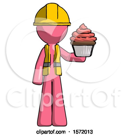 Pink Construction Worker Contractor Man Presenting Pink Cupcake to Viewer by Leo Blanchette