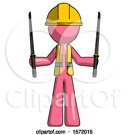 Pink Construction Worker Contractor Man Posing with Two Ninja Sword Katanas up by Leo Blanchette