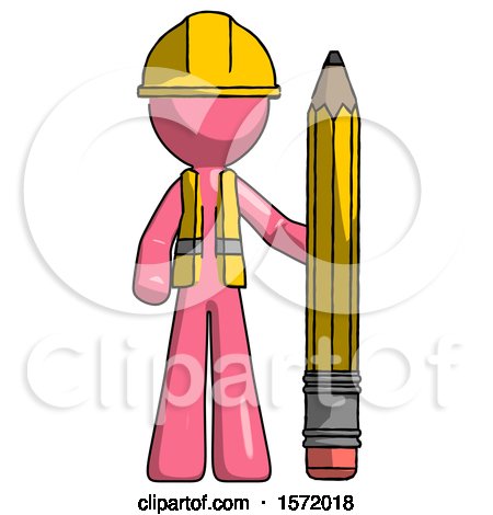 Pink Construction Worker Contractor Man with Large Pencil Standing Ready to Write by Leo Blanchette
