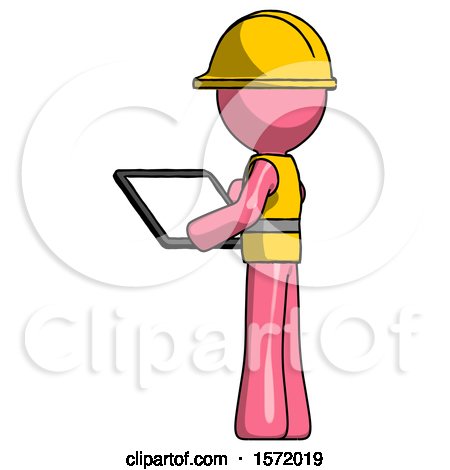 Pink Construction Worker Contractor Man Looking at Tablet Device Computer with Back to Viewer by Leo Blanchette