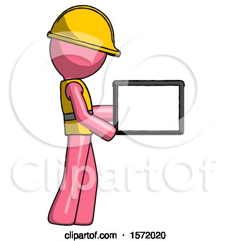 Pink Construction Worker Contractor Man Show Tablet Device Computer to Viewer, Blank Area by Leo Blanchette