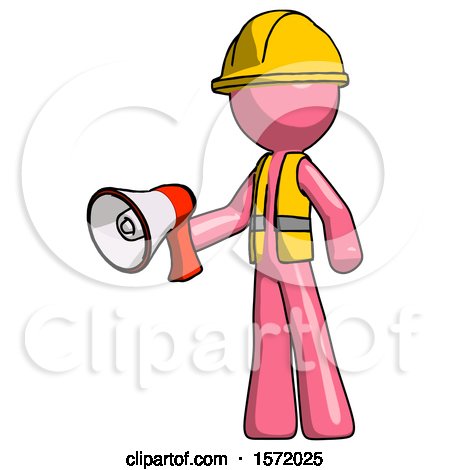 Pink Construction Worker Contractor Man Holding Megaphone Bullhorn Facing Right by Leo Blanchette
