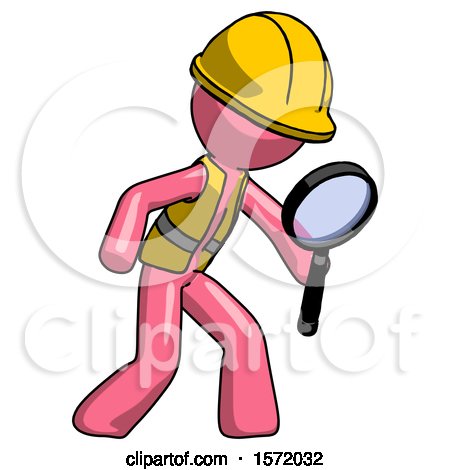 Pink Construction Worker Contractor Man Inspecting with Large Magnifying Glass Right by Leo Blanchette
