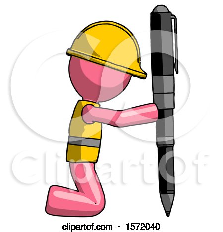 Pink Construction Worker Contractor Man Posing with Giant Pen in Powerful yet Awkward Manner. by Leo Blanchette