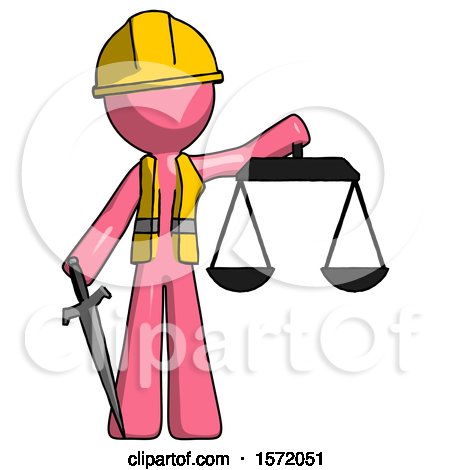 Pink Construction Worker Contractor Man Justice Concept with Scales and Sword, Justicia Derived by Leo Blanchette