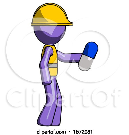 Purple Construction Worker Contractor Man Holding Blue Pill Walking to Right by Leo Blanchette