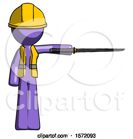 Purple Construction Worker Contractor Man Standing with Ninja Sword Katana Pointing Right by Leo Blanchette