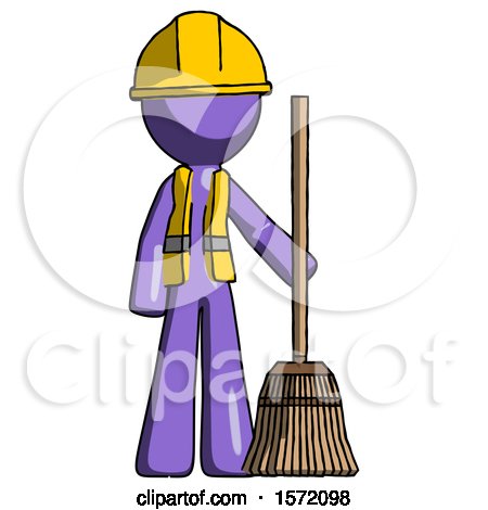 Purple Construction Worker Contractor Man Standing with Broom Cleaning Services by Leo Blanchette