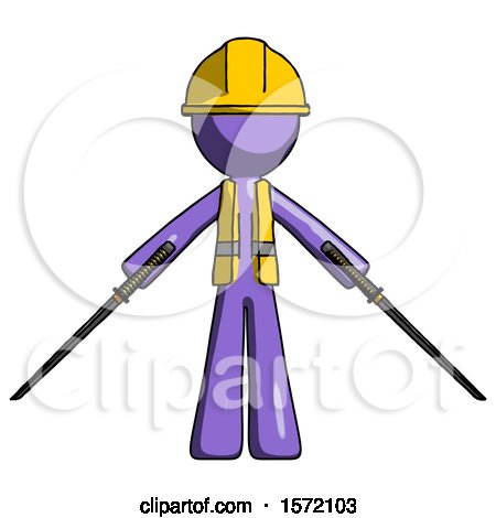 Purple Construction Worker Contractor Man Posing with Two Ninja Sword Katanas by Leo Blanchette