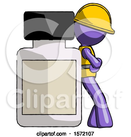 Purple Construction Worker Contractor Man Leaning Against Large Medicine Bottle by Leo Blanchette
