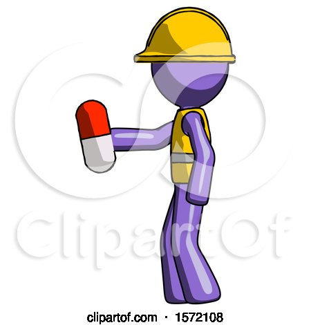 Purple Construction Worker Contractor Man Holding Red Pill Walking to Left by Leo Blanchette