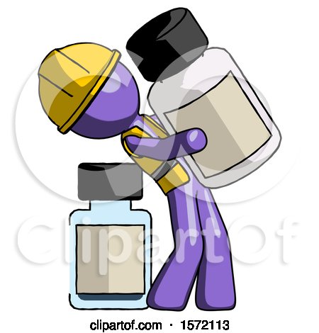 Purple Construction Worker Contractor Man Holding Large White Medicine Bottle with Bottle in Background by Leo Blanchette