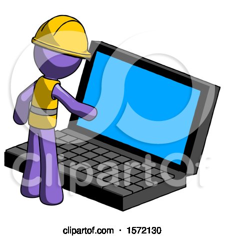Purple Construction Worker Contractor Man Using Large Laptop Computer by Leo Blanchette