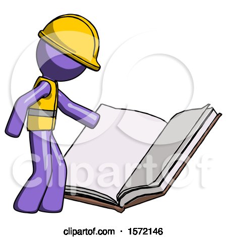 Purple Construction Worker Contractor Man Reading Big Book While Standing Beside It by Leo Blanchette