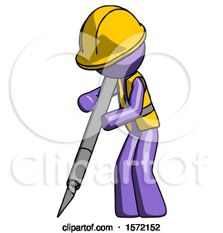 Purple Construction Worker Contractor Man Cutting with Large Scalpel by Leo Blanchette