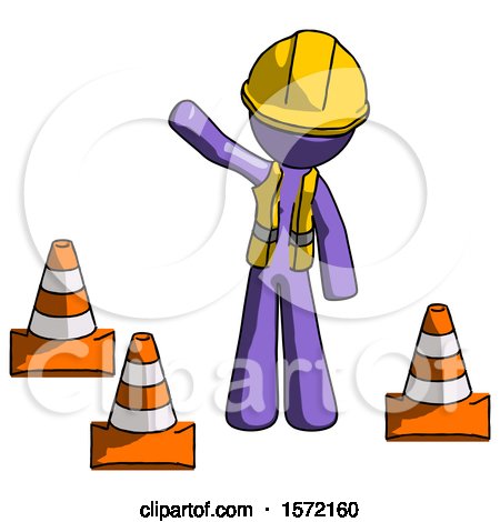 Purple Construction Worker Contractor Man Standing by Traffic Cones Waving by Leo Blanchette