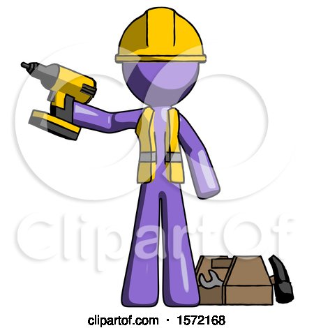 Purple Construction Worker Contractor Man Holding Drill Ready to Work, Toolchest and Tools to Right by Leo Blanchette