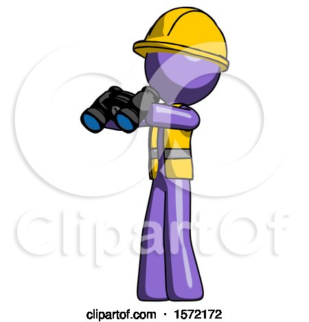 Purple Construction Worker Contractor Man Holding Binoculars Ready to Look Left by Leo Blanchette