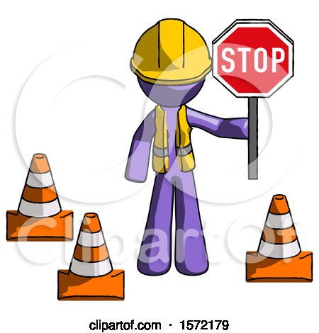 Purple Construction Worker Contractor Man Holding Stop Sign by Traffic Cones Under Construction Concept by Leo Blanchette