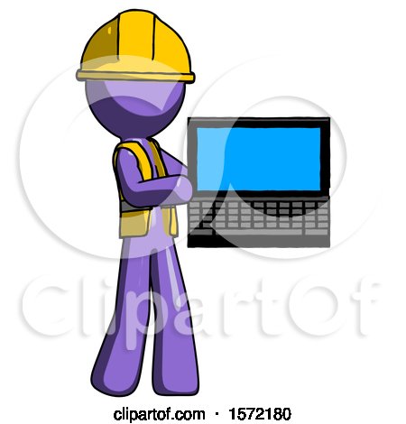 Purple Construction Worker Contractor Man Holding Laptop Computer Presenting Something on Screen by Leo Blanchette