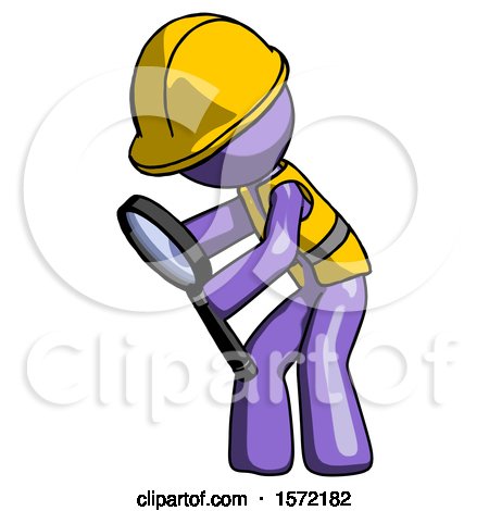 Purple Construction Worker Contractor Man Inspecting with Large Magnifying Glass Left by Leo Blanchette