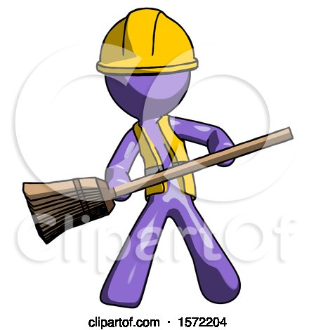 Purple Construction Worker Contractor Man Broom Fighter Defense Pose by Leo Blanchette