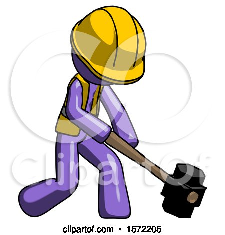 Purple Construction Worker Contractor Man Hitting with Sledgehammer, or Smashing Something at Angle by Leo Blanchette
