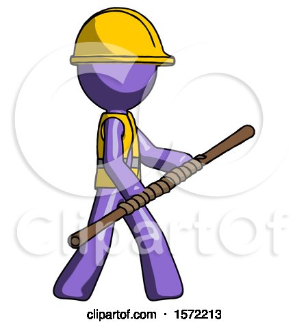 Purple Construction Worker Contractor Man Holding Bo Staff in Sideways Defense Pose by Leo Blanchette