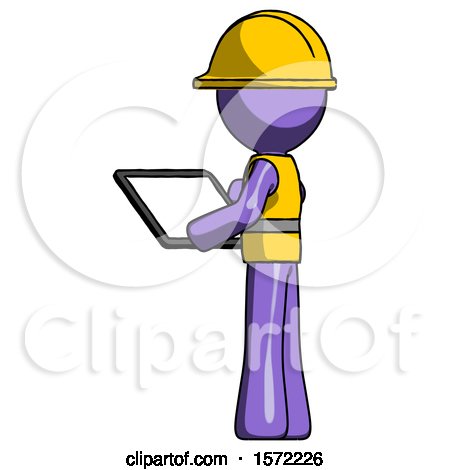 Purple Construction Worker Contractor Man Looking at Tablet Device Computer with Back to Viewer by Leo Blanchette