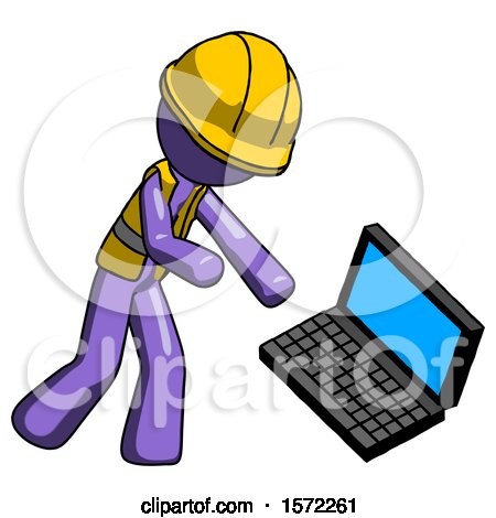 Purple Construction Worker Contractor Man Throwing Laptop Computer in Frustration by Leo Blanchette