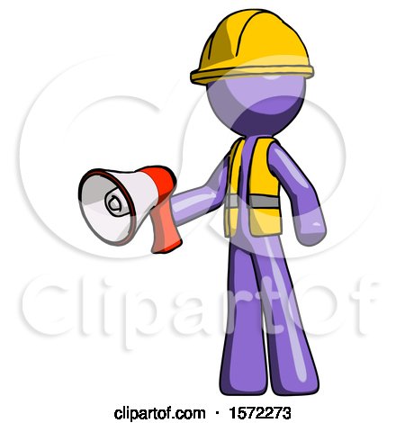 Purple Construction Worker Contractor Man Holding Megaphone Bullhorn Facing Right by Leo Blanchette