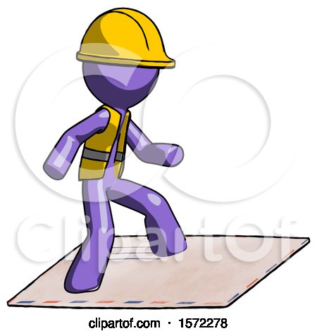 Purple Construction Worker Contractor Man on Postage Envelope Surfing by Leo Blanchette