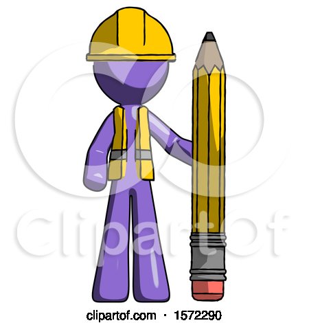 Purple Construction Worker Contractor Man with Large Pencil Standing Ready to Write by Leo Blanchette