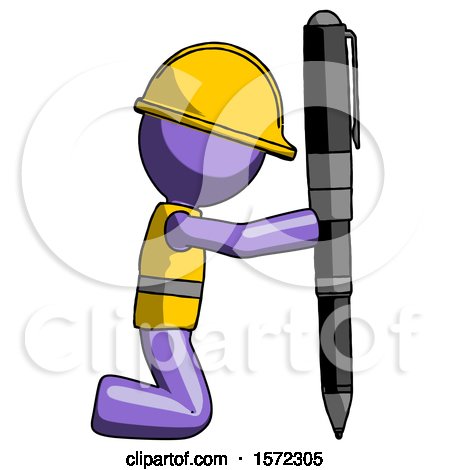 Purple Construction Worker Contractor Man Posing with Giant Pen in Powerful yet Awkward Manner. by Leo Blanchette